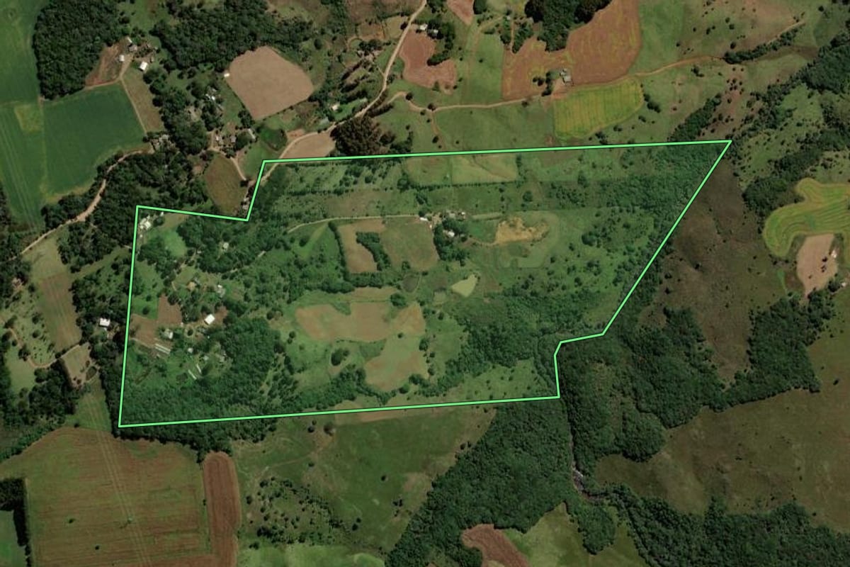 Imagem de satélite do imóvel rural em Pinhão (PR), com o contorno declarado no CAR desenhado por cima.