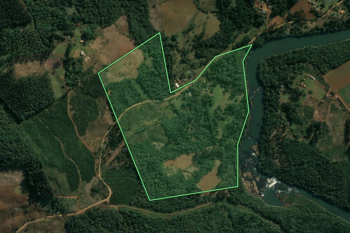 Imagem de satélite do imóvel rural em Pinhão (PR), com o contorno declarado no CAR desenhado por cima.