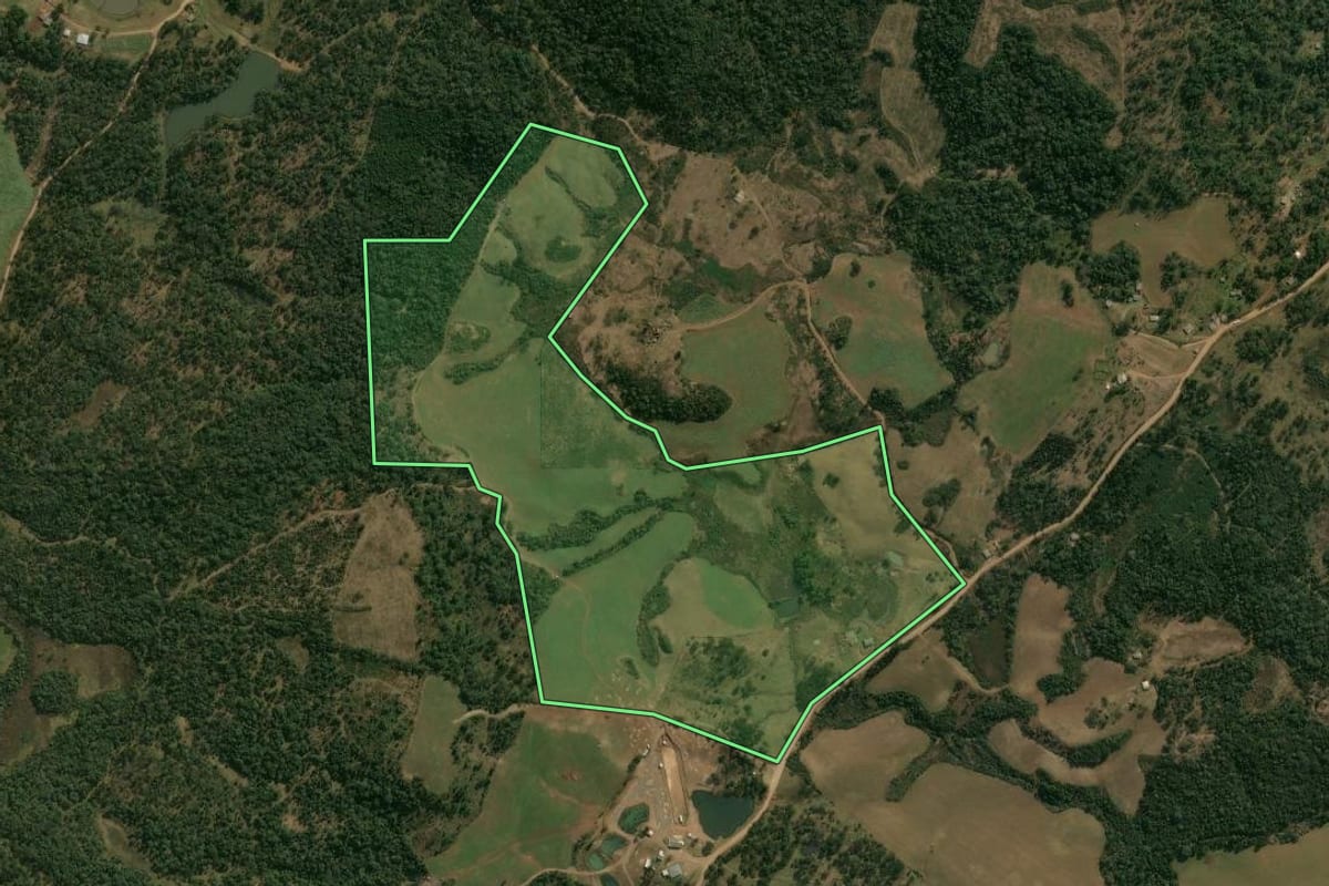 Imagem de satélite do imóvel rural em Pinhão (PR), com o contorno declarado no CAR desenhado por cima.