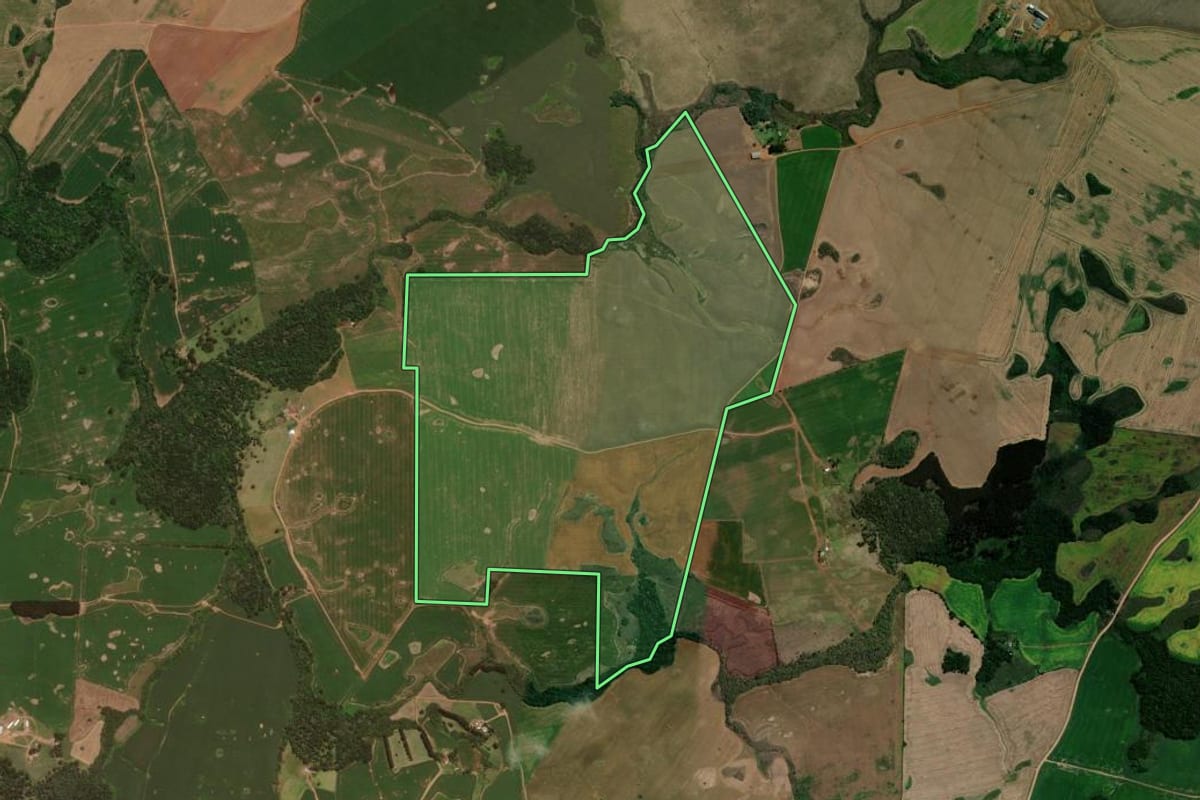 Imagem de satélite do imóvel rural em Pinhão (PR), com o contorno declarado no CAR desenhado por cima.