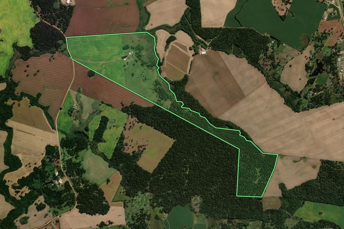 Imagem de satélite do imóvel rural em Pinhão (PR), com o contorno declarado no CAR desenhado por cima.