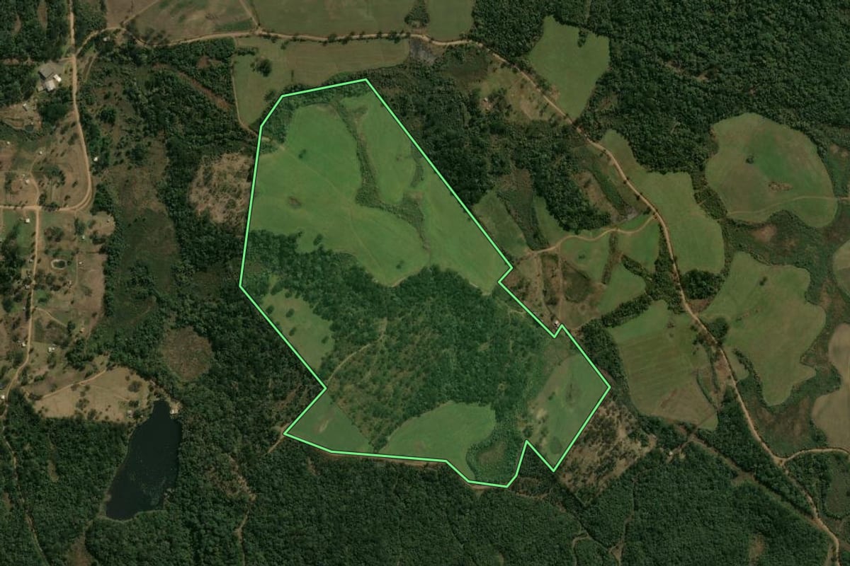 Imagem de satélite do imóvel rural em Pinhão (PR), com o contorno declarado no CAR desenhado por cima.