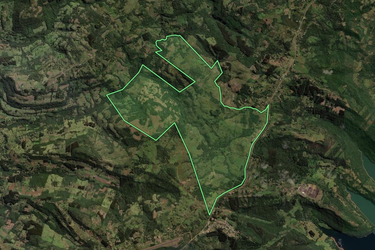 Imagem de satélite do imóvel rural em Pinhão (PR), com o contorno declarado no CAR desenhado por cima.