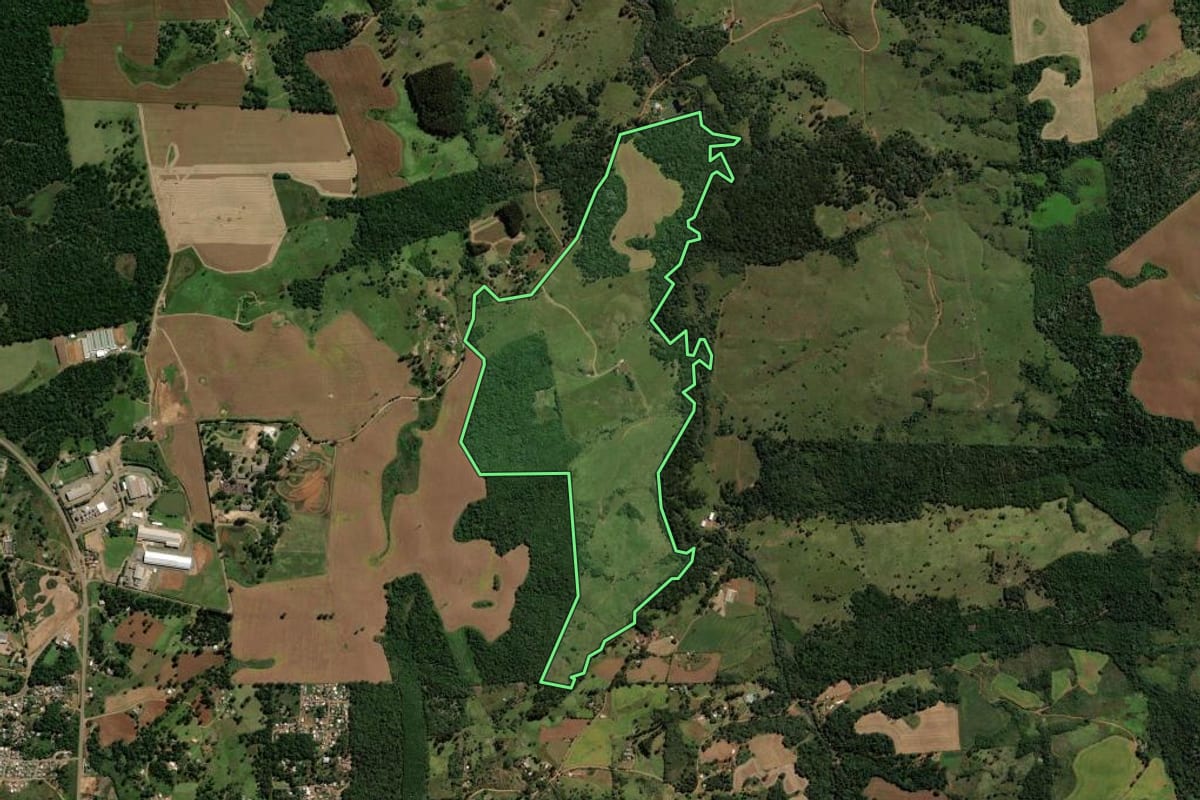 Imagem de satélite do imóvel rural em Pinhão (PR), com o contorno declarado no CAR desenhado por cima.