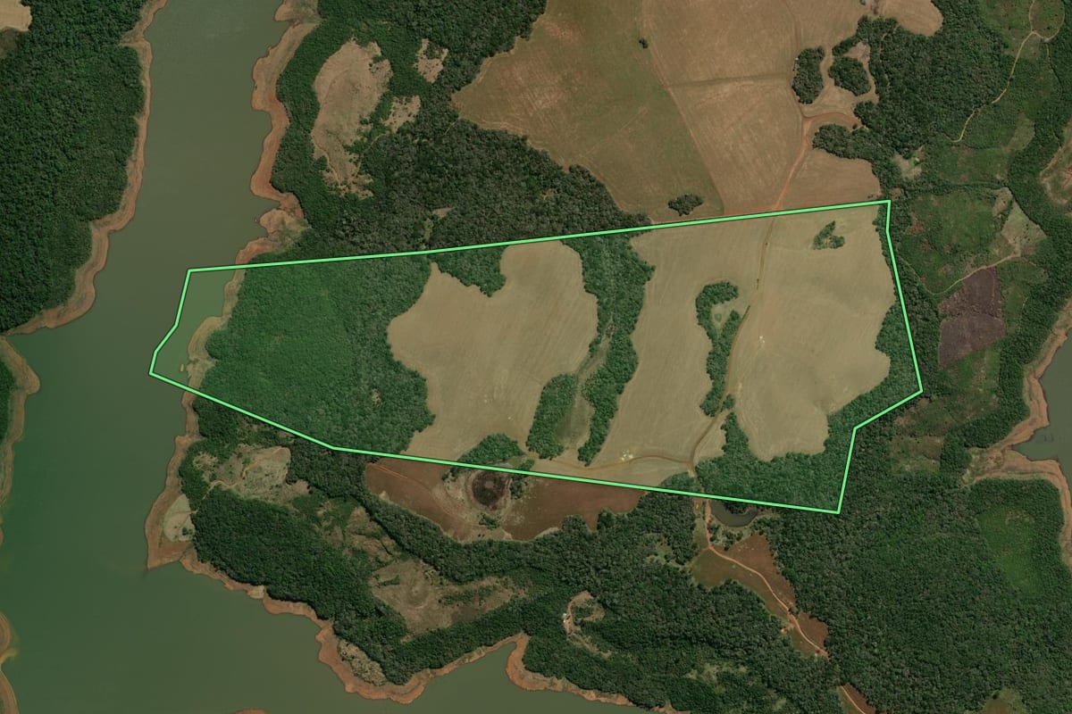 Imagem de satélite do imóvel rural em Pinhão (PR), com o contorno declarado no CAR desenhado por cima.