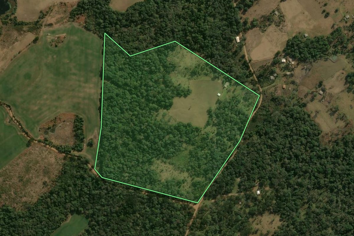 Imagem de satélite do imóvel rural em Pinhão (PR), com o contorno declarado no CAR desenhado por cima.