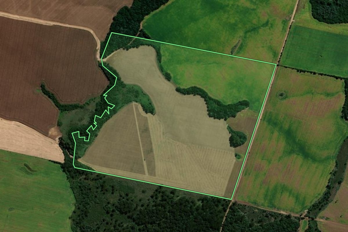 Imagem de satélite do imóvel rural em Pinhão (PR), com o contorno declarado no CAR desenhado por cima.
