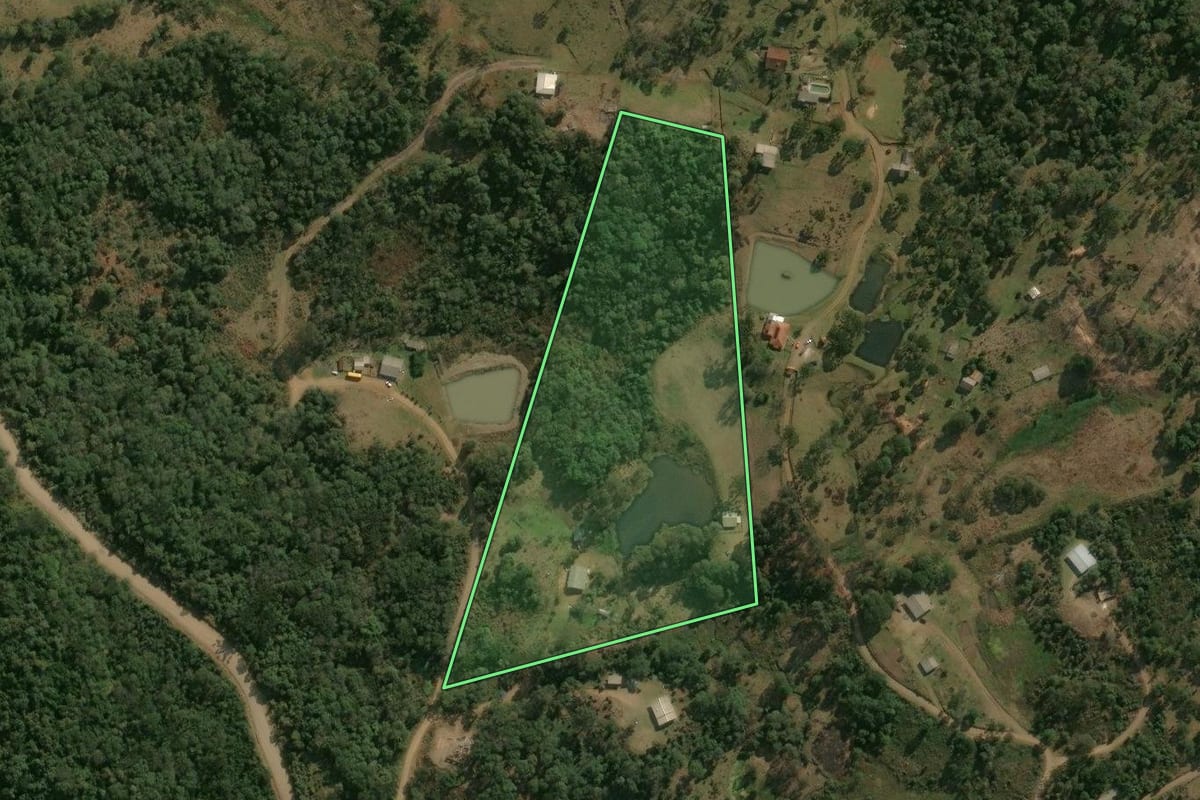 Imagem de satélite do imóvel rural em Pinhão (PR), com o contorno declarado no CAR desenhado por cima.