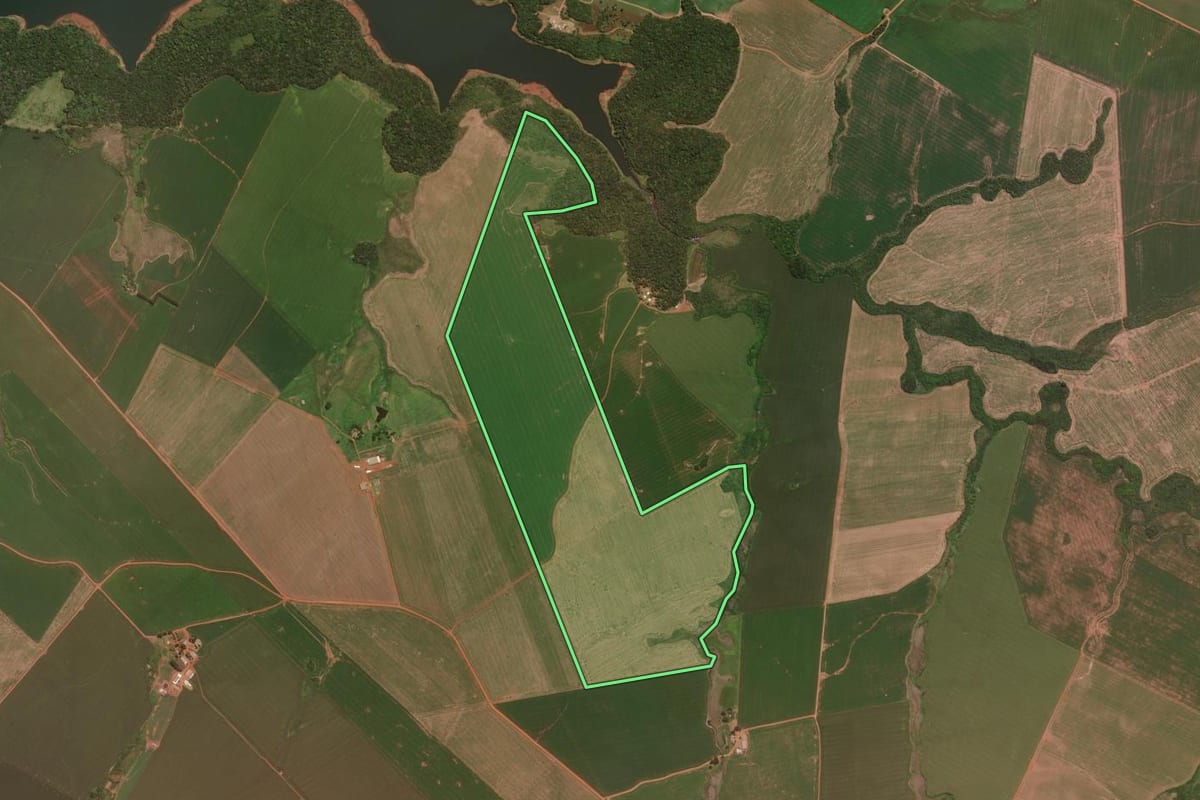 Imagem de satélite do imóvel rural em Pinhão (PR), com o contorno declarado no CAR desenhado por cima.