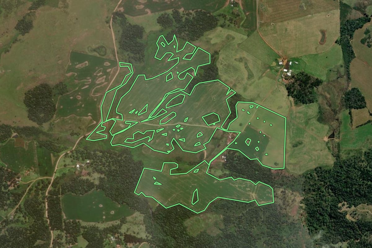 Imagem de satélite do imóvel rural em Pinhão (PR), com o contorno declarado no CAR desenhado por cima.