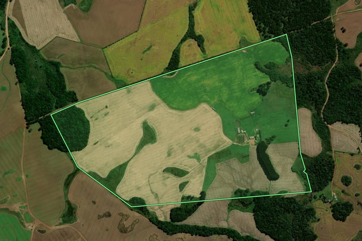 Imagem de satélite do imóvel rural em Pinhão (PR), com o contorno declarado no CAR desenhado por cima.