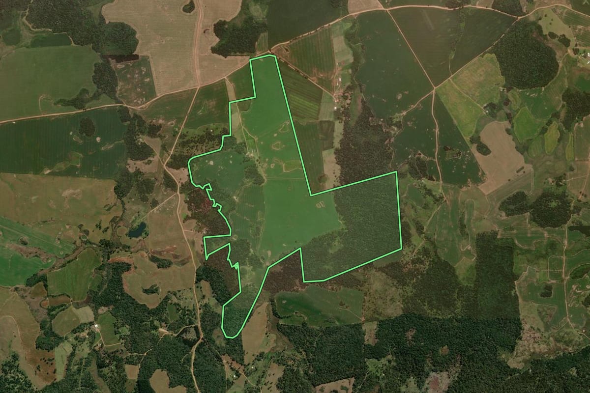 Imagem de satélite do imóvel rural em Pinhão (PR), com o contorno declarado no CAR desenhado por cima.
