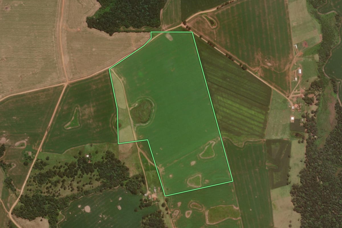 Imagem de satélite do imóvel rural em Pinhão (PR), com o contorno declarado no CAR desenhado por cima.