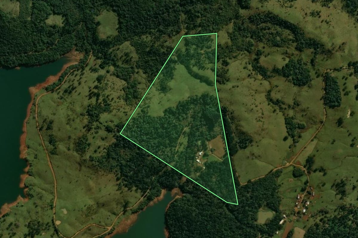 Imagem de satélite do imóvel rural em Pinhão (PR), com o contorno declarado no CAR desenhado por cima.