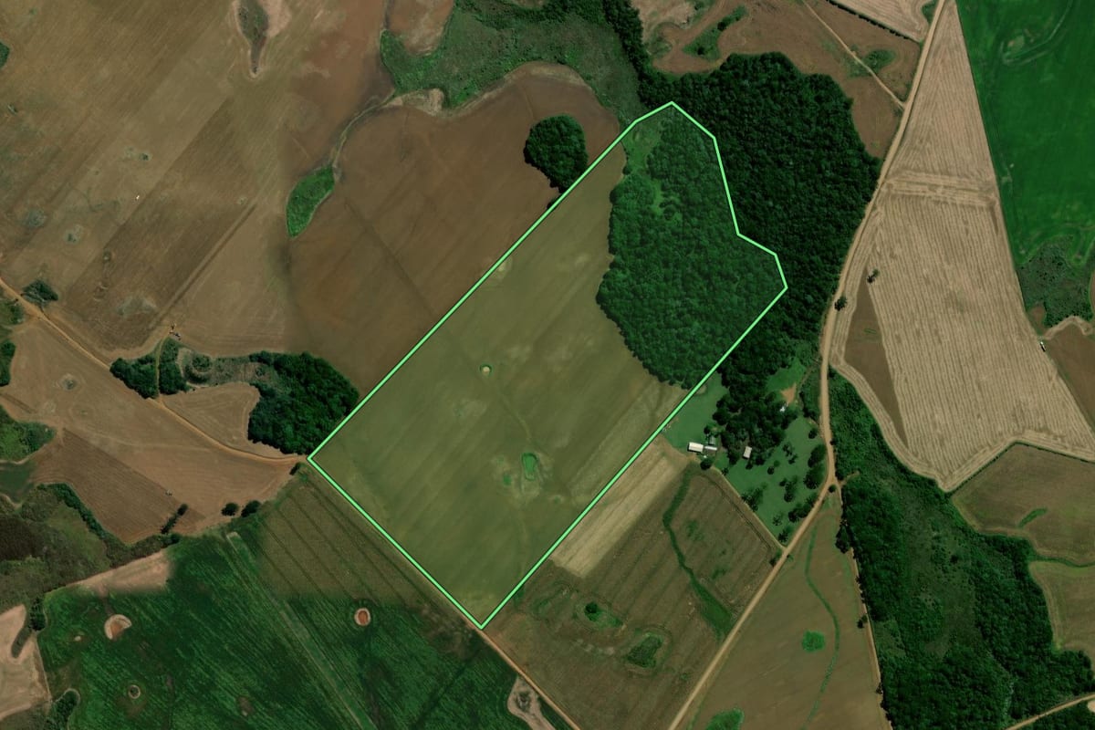 Imagem de satélite do imóvel rural em Pinhão (PR), com o contorno declarado no CAR desenhado por cima.