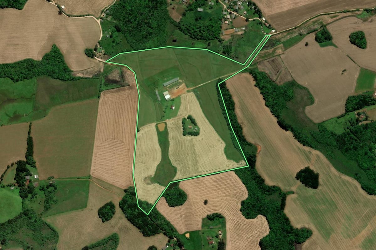 Imagem de satélite do imóvel rural em Piraí do Sul (PR), com o contorno declarado no CAR desenhado por cima.