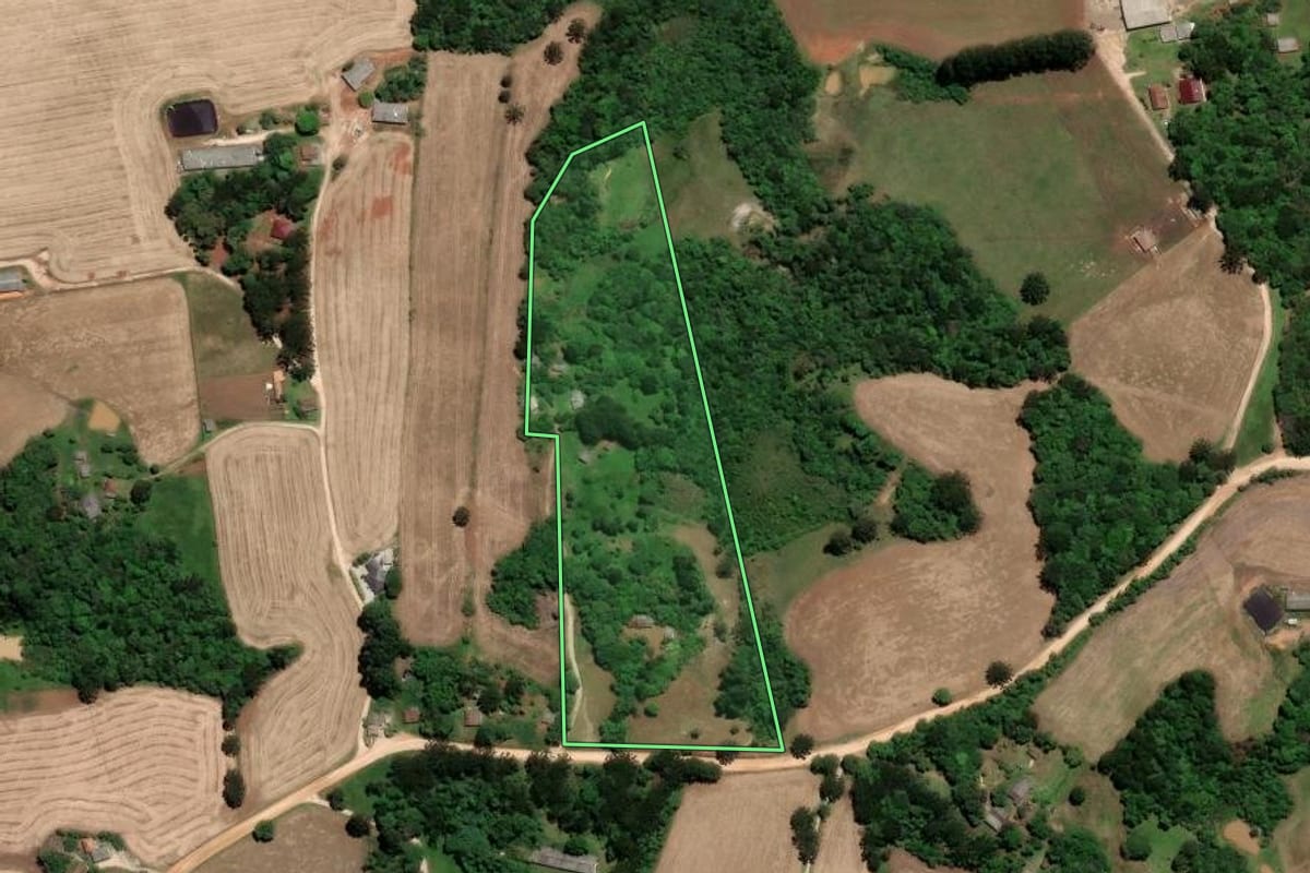 Imagem de satélite do imóvel rural em Piraí do Sul (PR), com o contorno declarado no CAR desenhado por cima.