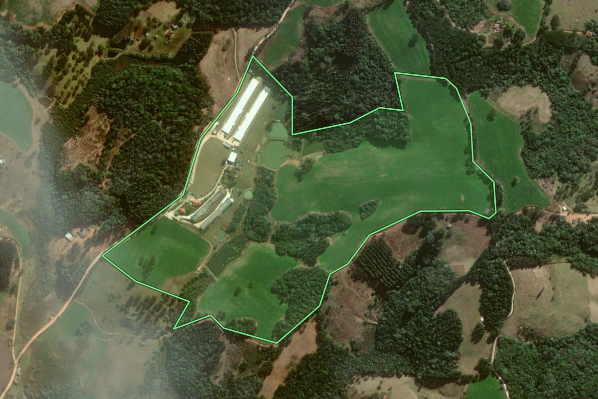 Imagem de satélite do imóvel rural em Piraí do Sul (PR), com o contorno declarado no CAR desenhado por cima.