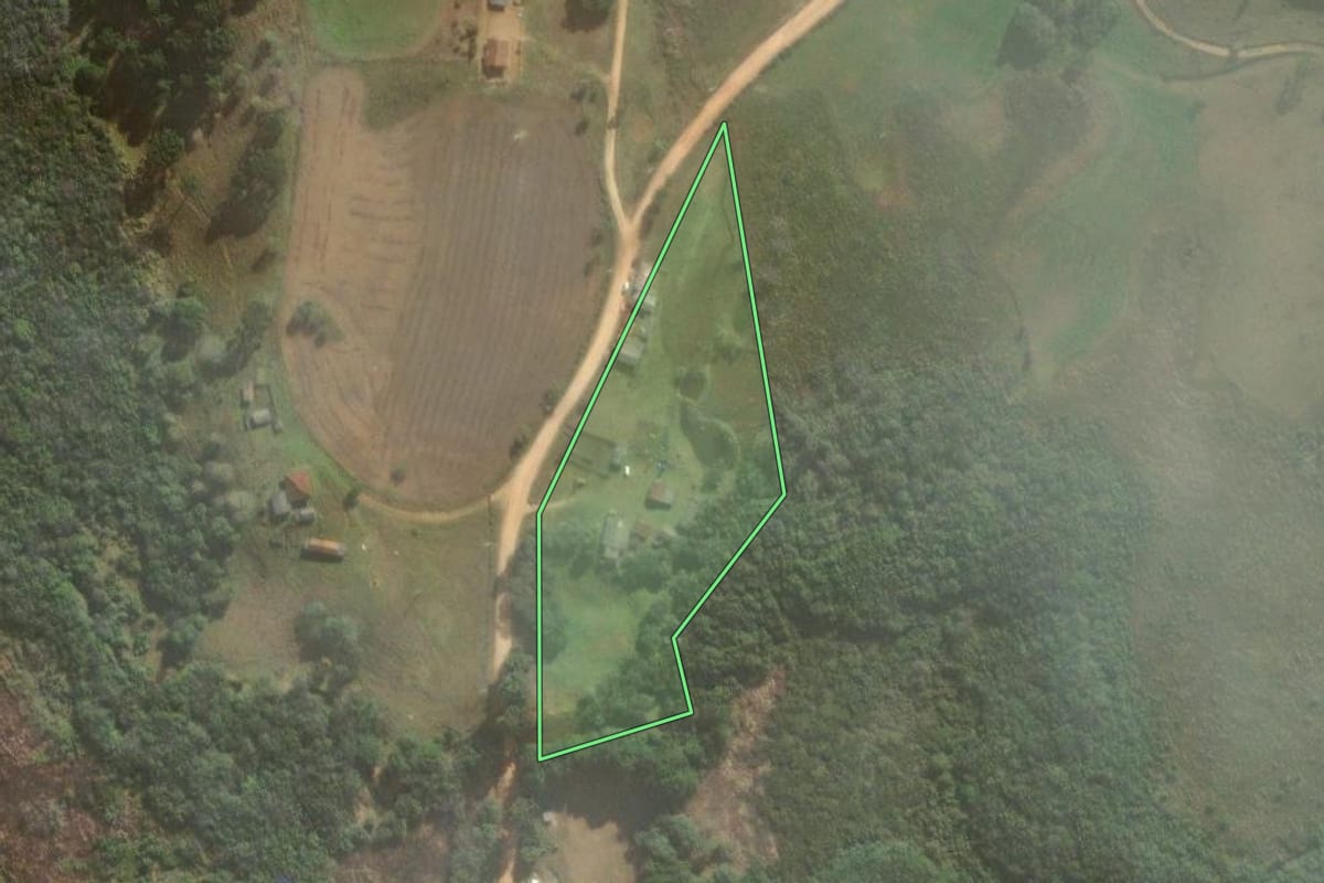 Imagem de satélite do imóvel rural em Piraí do Sul (PR), com o contorno declarado no CAR desenhado por cima.