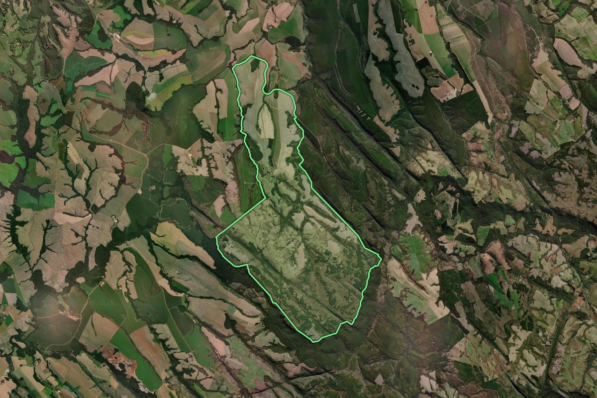 Imagem de satélite do imóvel rural em Piraí do Sul (PR), com o contorno declarado no CAR desenhado por cima.