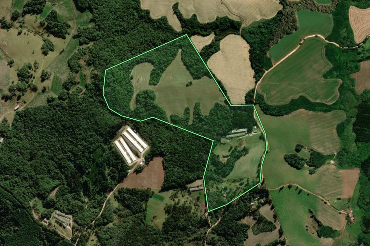 Imagem de satélite do imóvel rural em Piraí do Sul (PR), com o contorno declarado no CAR desenhado por cima.