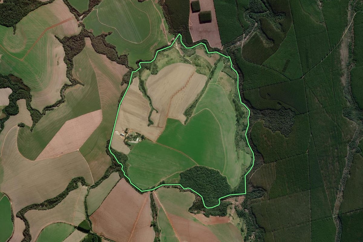 Imagem de satélite do imóvel rural em Piraí do Sul (PR), com o contorno declarado no CAR desenhado por cima.