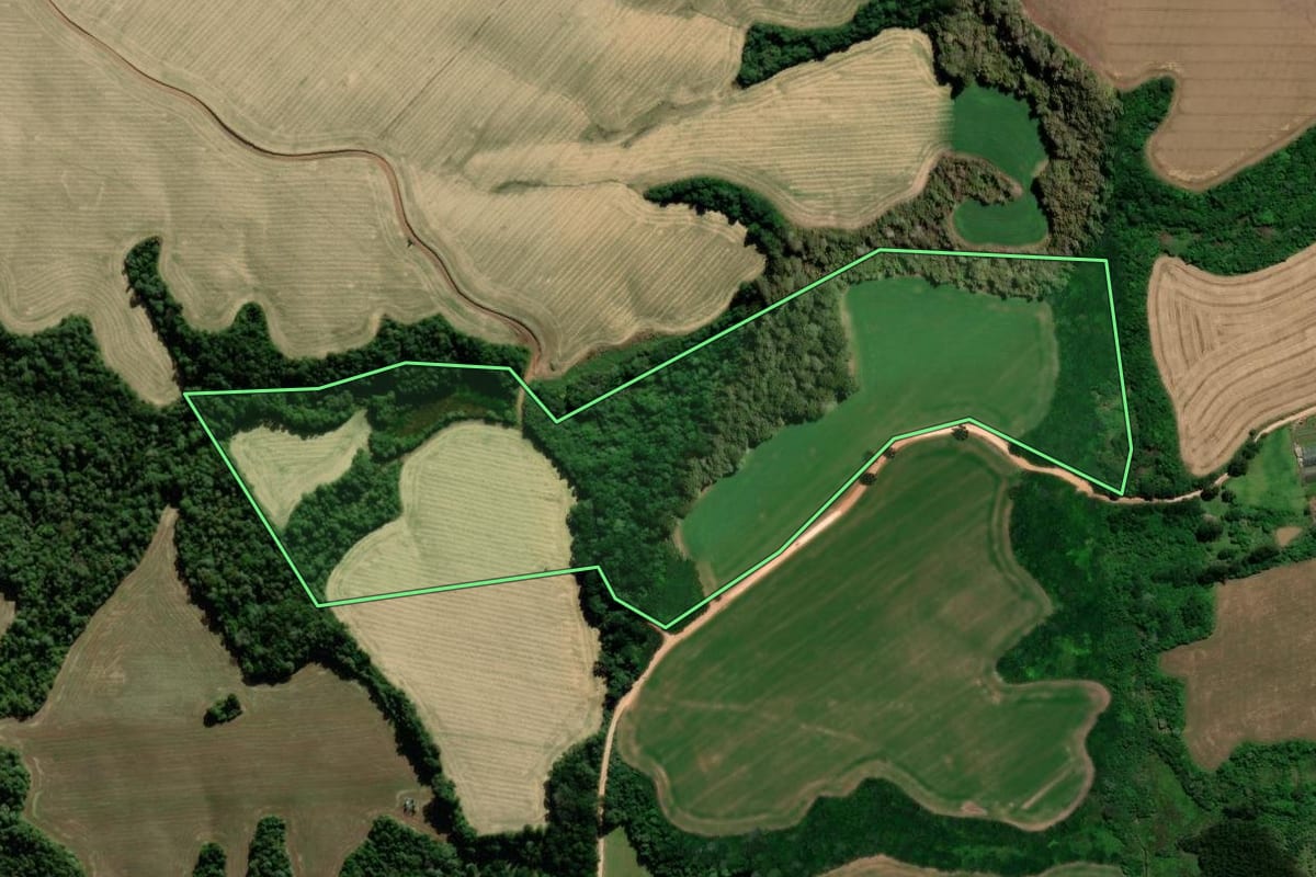 Imagem de satélite do imóvel rural em Piraí do Sul (PR), com o contorno declarado no CAR desenhado por cima.