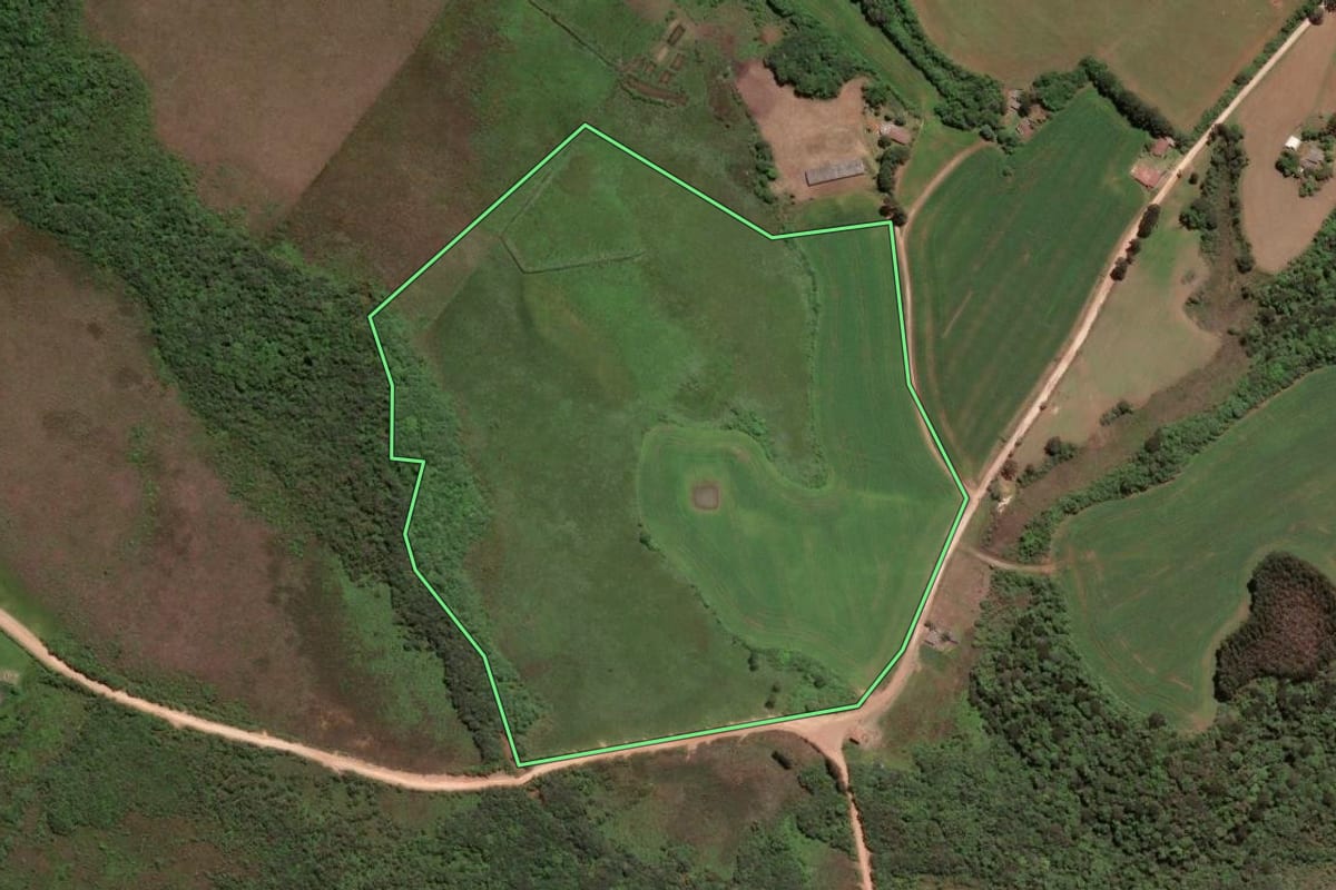 Imagem de satélite do imóvel rural em Piraí do Sul (PR), com o contorno declarado no CAR desenhado por cima.