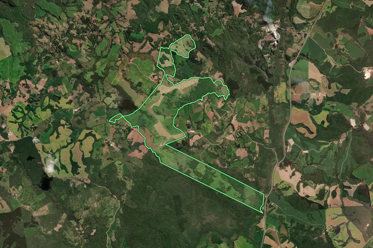 Imagem de satélite do imóvel rural em Piraí do Sul (PR), com o contorno declarado no CAR desenhado por cima.