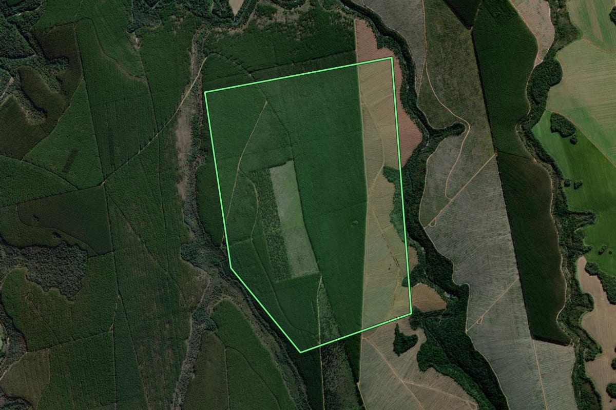 Imagem de satélite do imóvel rural em Piraí do Sul (PR), com o contorno declarado no CAR desenhado por cima.