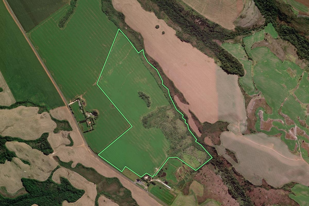 Imagem de satélite do imóvel rural em Piraí do Sul (PR), com o contorno declarado no CAR desenhado por cima.