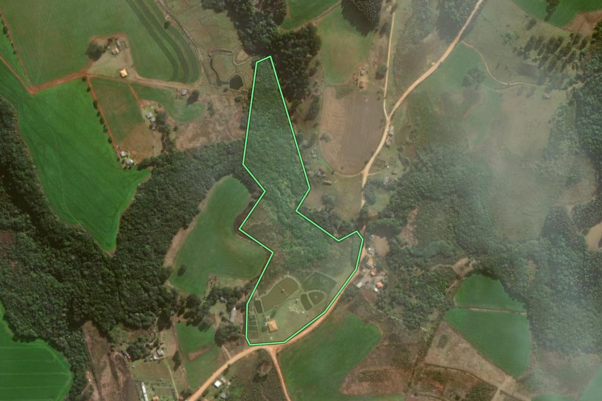 Imagem de satélite do imóvel rural em Piraí do Sul (PR), com o contorno declarado no CAR desenhado por cima.