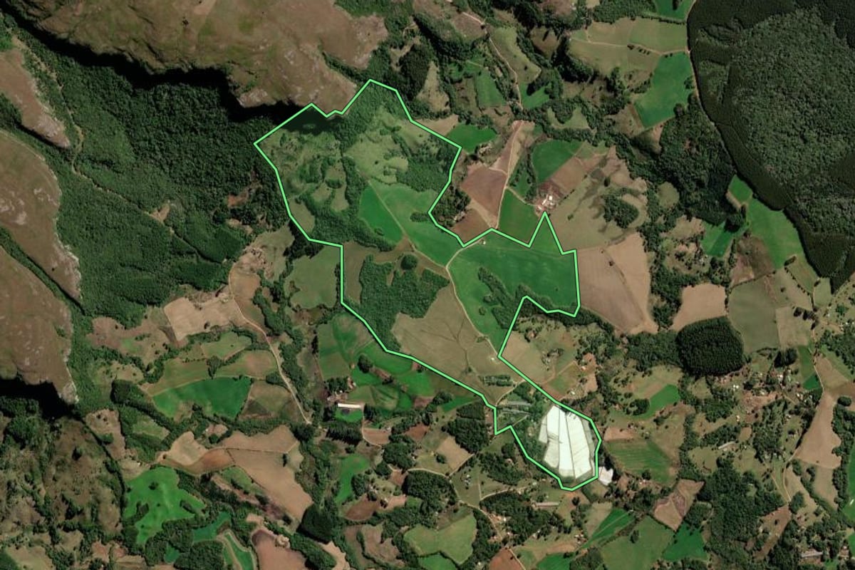 Imagem de satélite do imóvel rural em Piraí do Sul (PR), com o contorno declarado no CAR desenhado por cima.