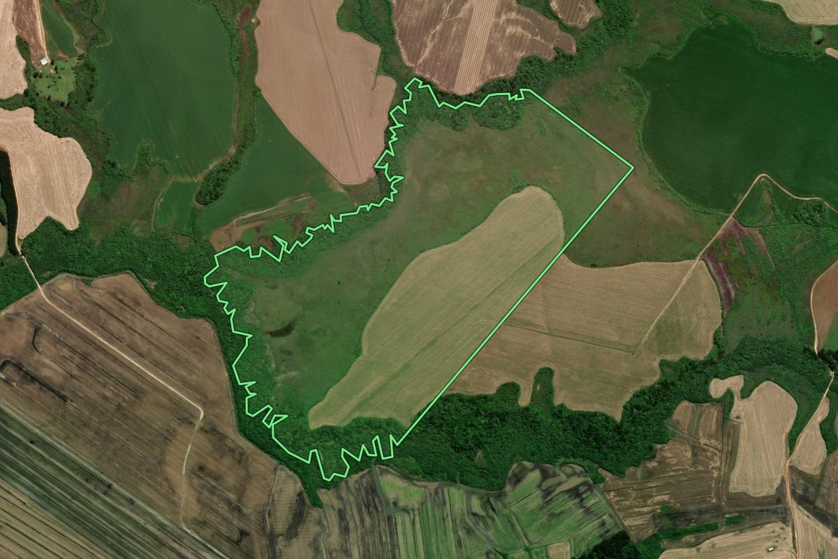 Imagem de satélite do imóvel rural em Piraí do Sul (PR), com o contorno declarado no CAR desenhado por cima.