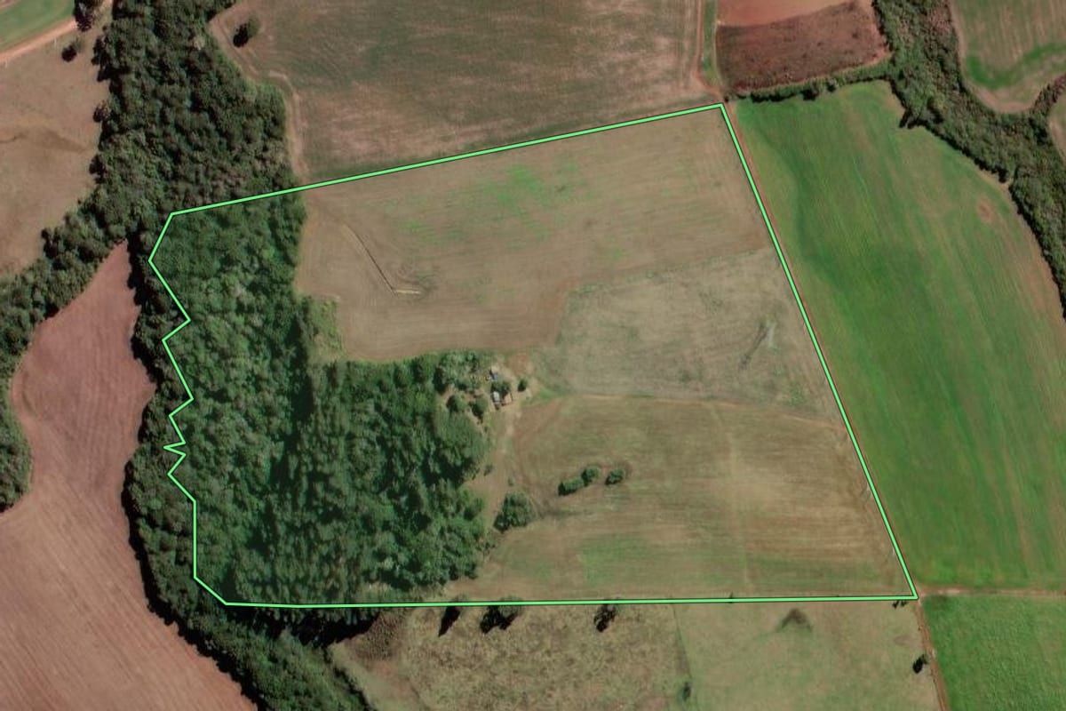 Imagem de satélite do imóvel rural em Piraí do Sul (PR), com o contorno declarado no CAR desenhado por cima.