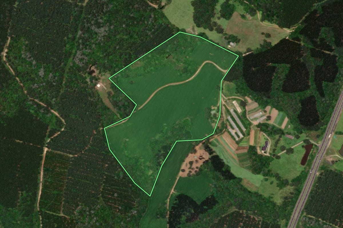 Imagem de satélite do imóvel rural em Piraí do Sul (PR), com o contorno declarado no CAR desenhado por cima.