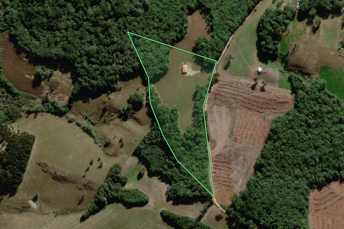 Imagem de satélite do imóvel rural em Piraí do Sul (PR), com o contorno declarado no CAR desenhado por cima.