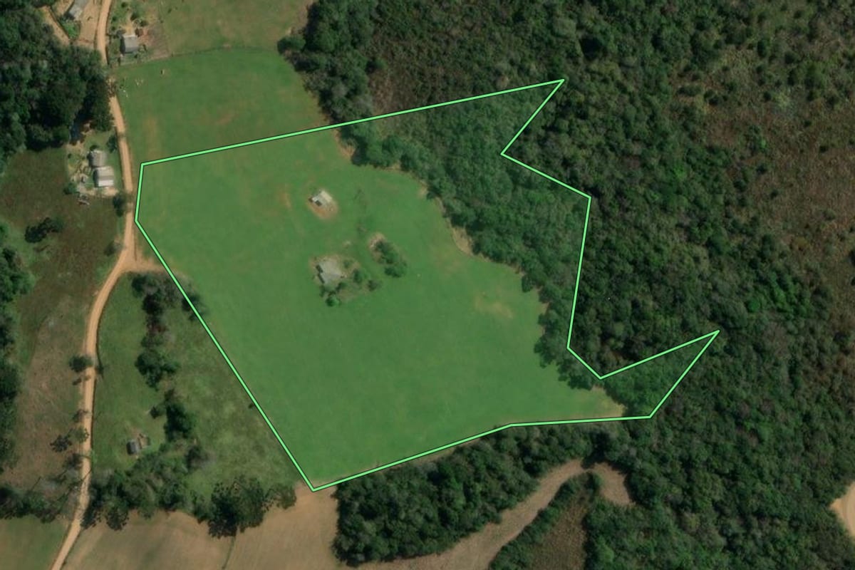 Imagem de satélite do imóvel rural em Piraí do Sul (PR), com o contorno declarado no CAR desenhado por cima.