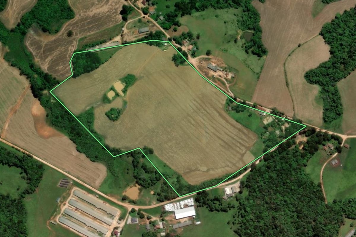 Imagem de satélite do imóvel rural em Piraí do Sul (PR), com o contorno declarado no CAR desenhado por cima.