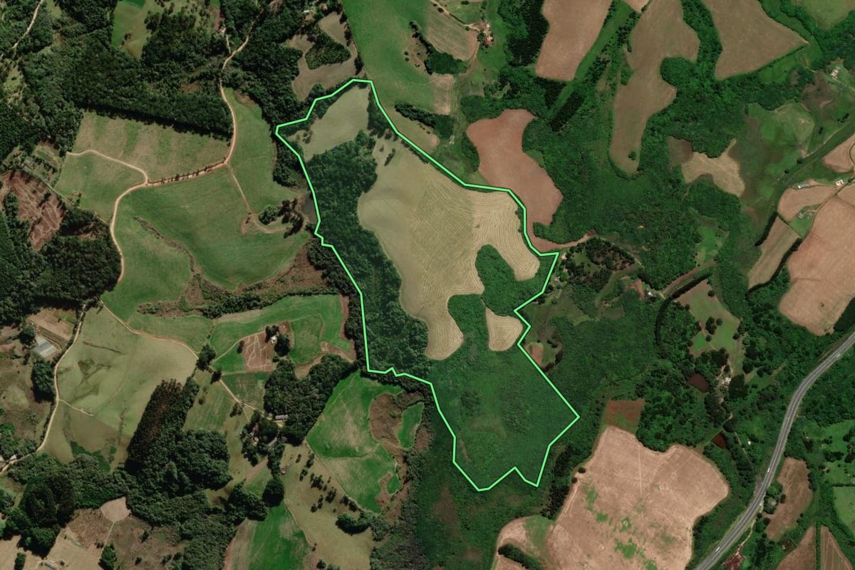 Imagem de satélite do imóvel rural em Piraí do Sul (PR), com o contorno declarado no CAR desenhado por cima.
