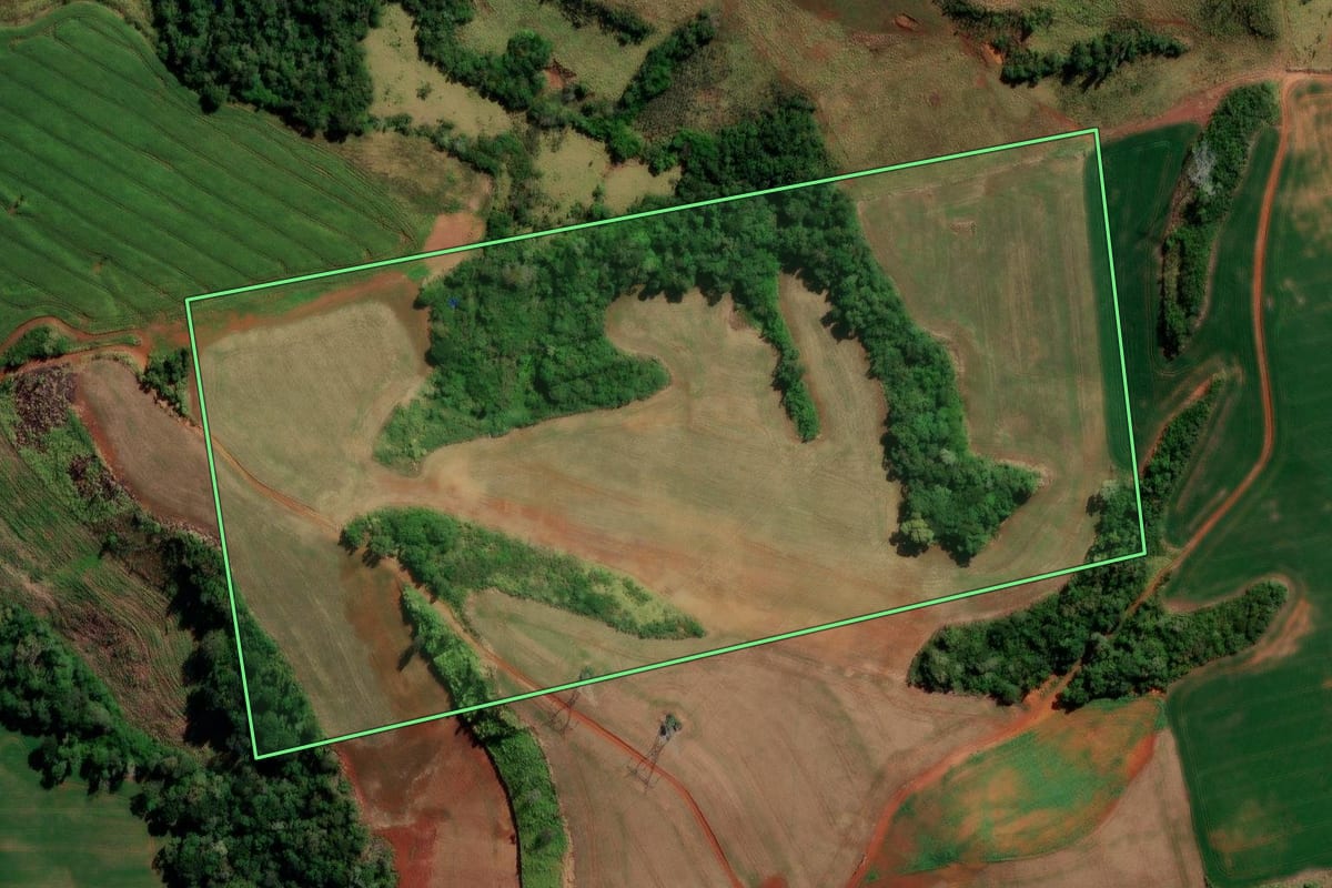 Imagem de satélite do imóvel rural em Pitanga (PR), com o contorno declarado no CAR desenhado por cima.