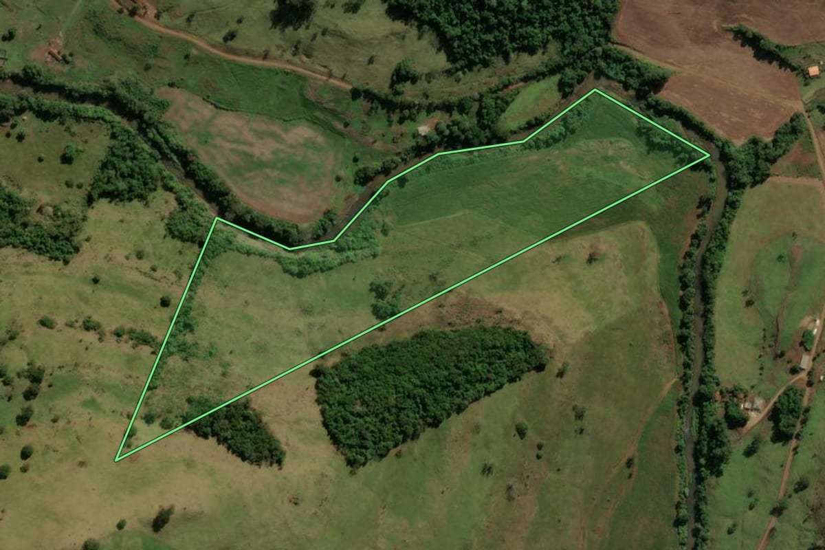 Imagem de satélite do imóvel rural em Pitanga (PR), com o contorno declarado no CAR desenhado por cima.