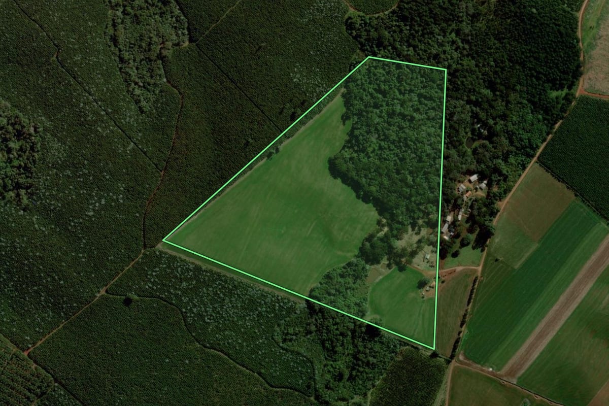 Imagem de satélite do imóvel rural em Pitanga (PR), com o contorno declarado no CAR desenhado por cima.