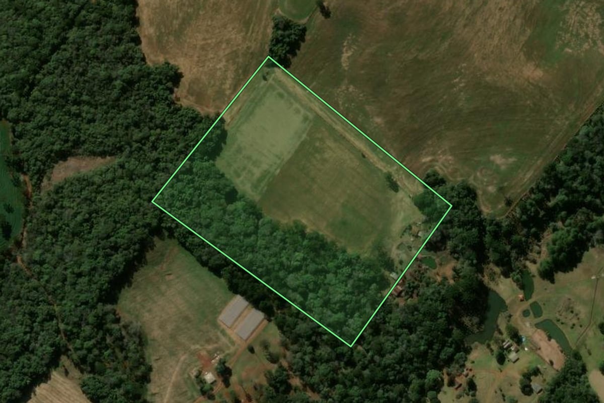 Imagem de satélite do imóvel rural em Pitanga (PR), com o contorno declarado no CAR desenhado por cima.