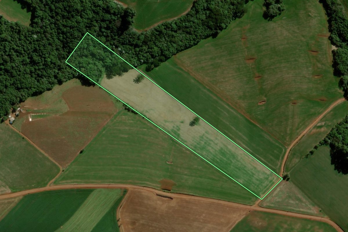 Imagem de satélite do imóvel rural em Pitanga (PR), com o contorno declarado no CAR desenhado por cima.