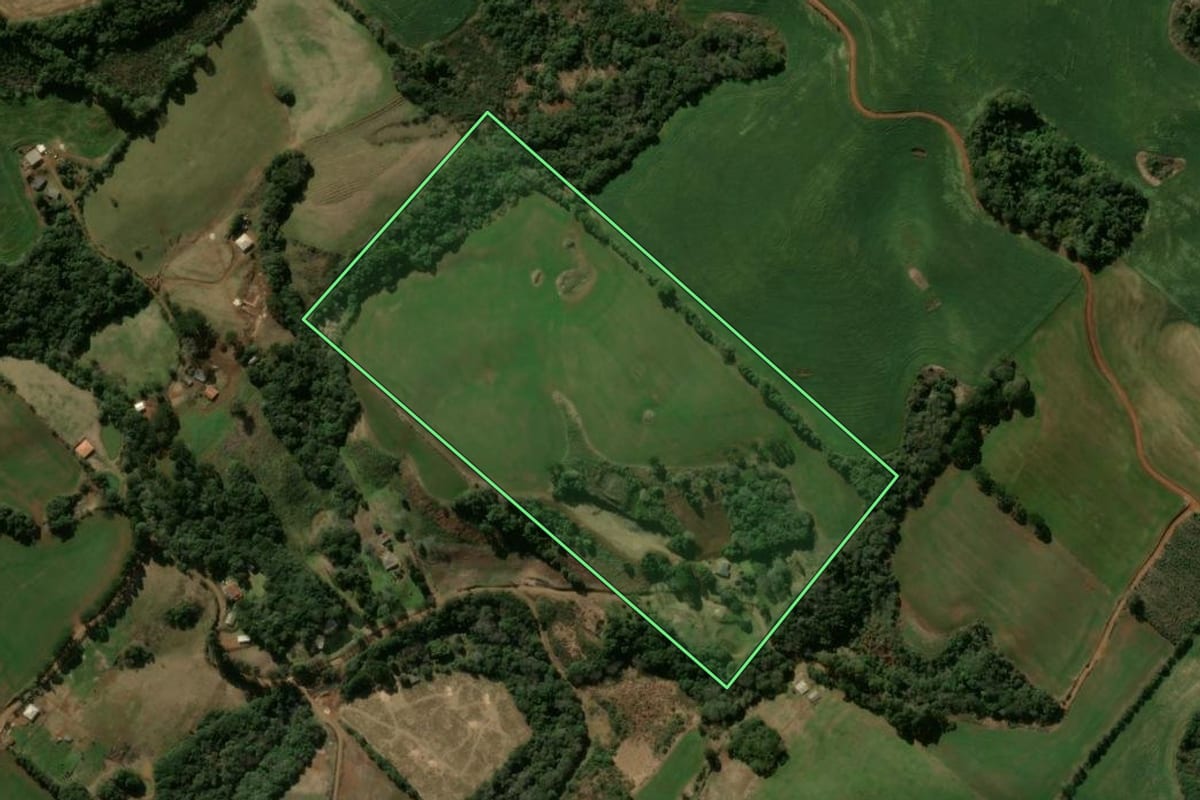 Imagem de satélite do imóvel rural em Pitanga (PR), com o contorno declarado no CAR desenhado por cima.