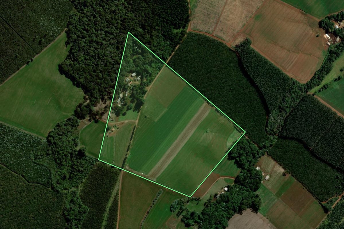 Imagem de satélite do imóvel rural em Pitanga (PR), com o contorno declarado no CAR desenhado por cima.