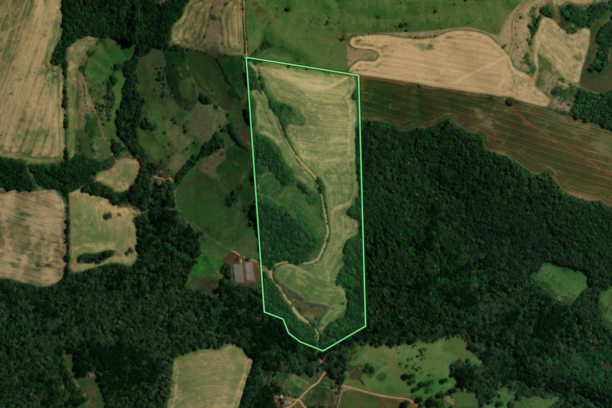 Imagem de satélite do imóvel rural em Pitanga (PR), com o contorno declarado no CAR desenhado por cima.
