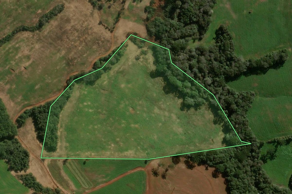 Imagem de satélite do imóvel rural em Pitanga (PR), com o contorno declarado no CAR desenhado por cima.