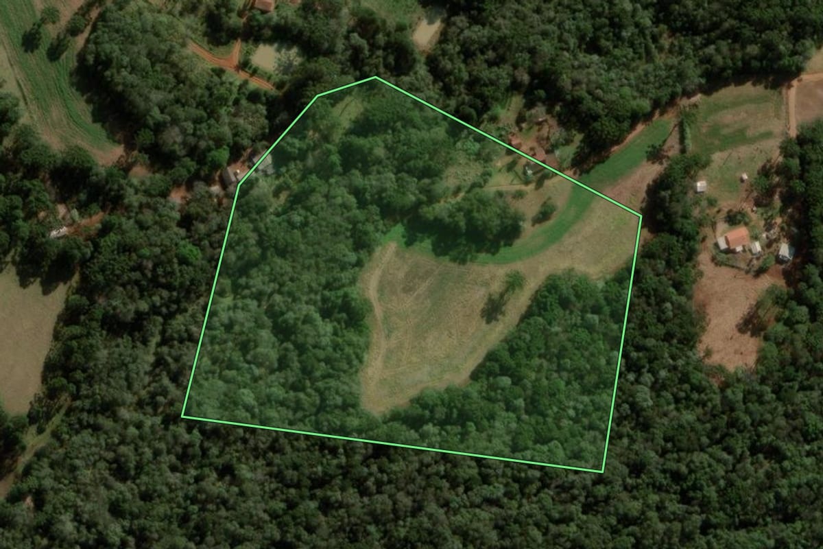 Imagem de satélite do imóvel rural em Pitanga (PR), com o contorno declarado no CAR desenhado por cima.